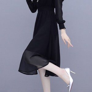 Waist Chiffon dress black temperament thin mid-len
